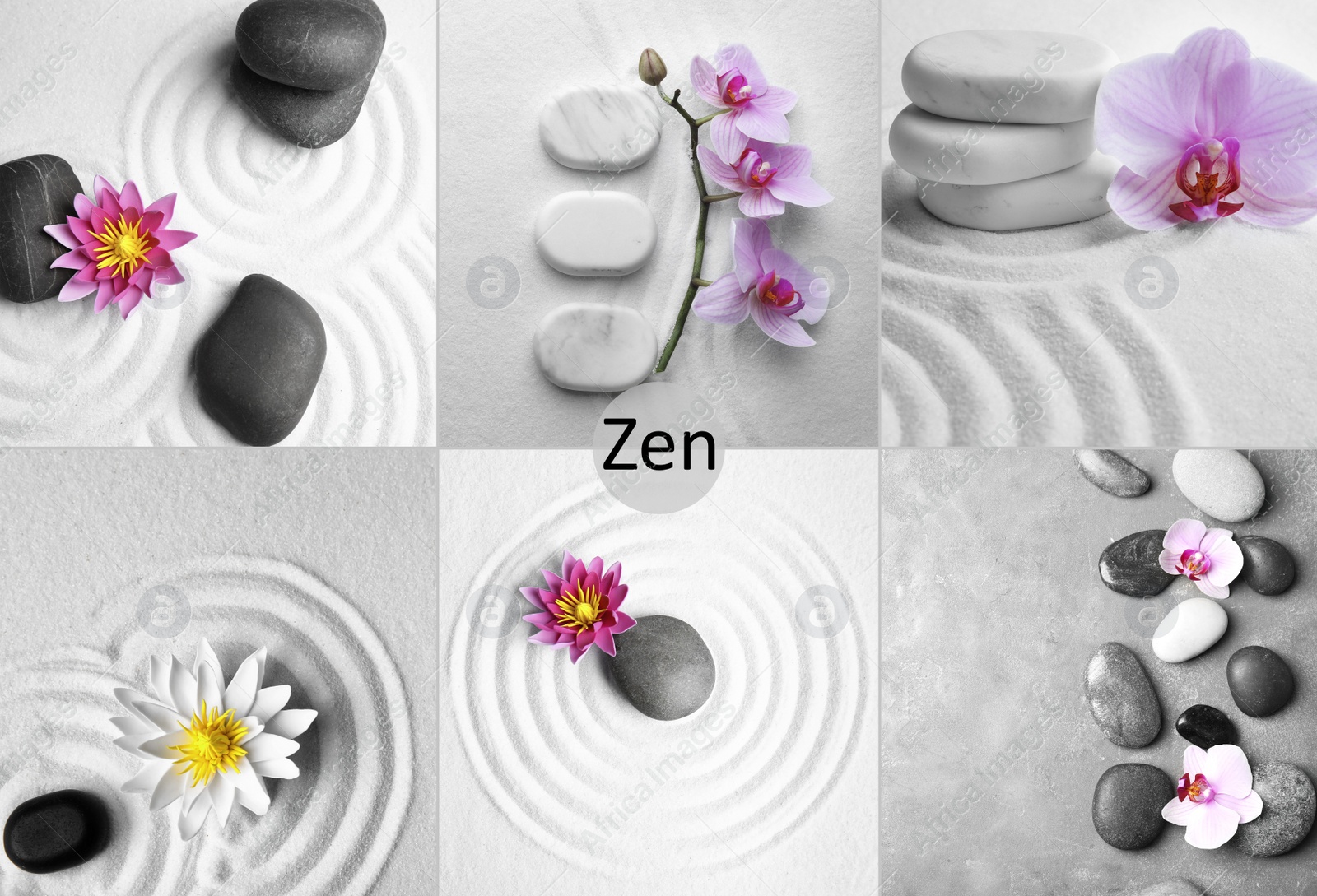 Image of Collage with beautiful photos of stones. Zen and harmony