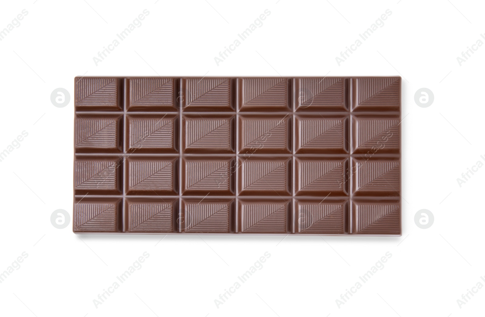 Photo of Delicious dark chocolate bar isolated on white, top view