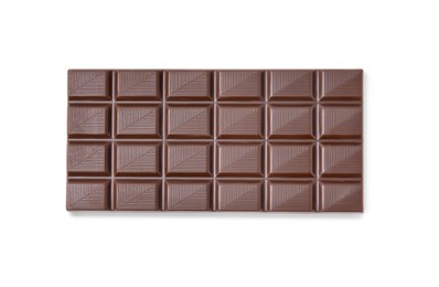 Photo of Delicious dark chocolate bar isolated on white, top view