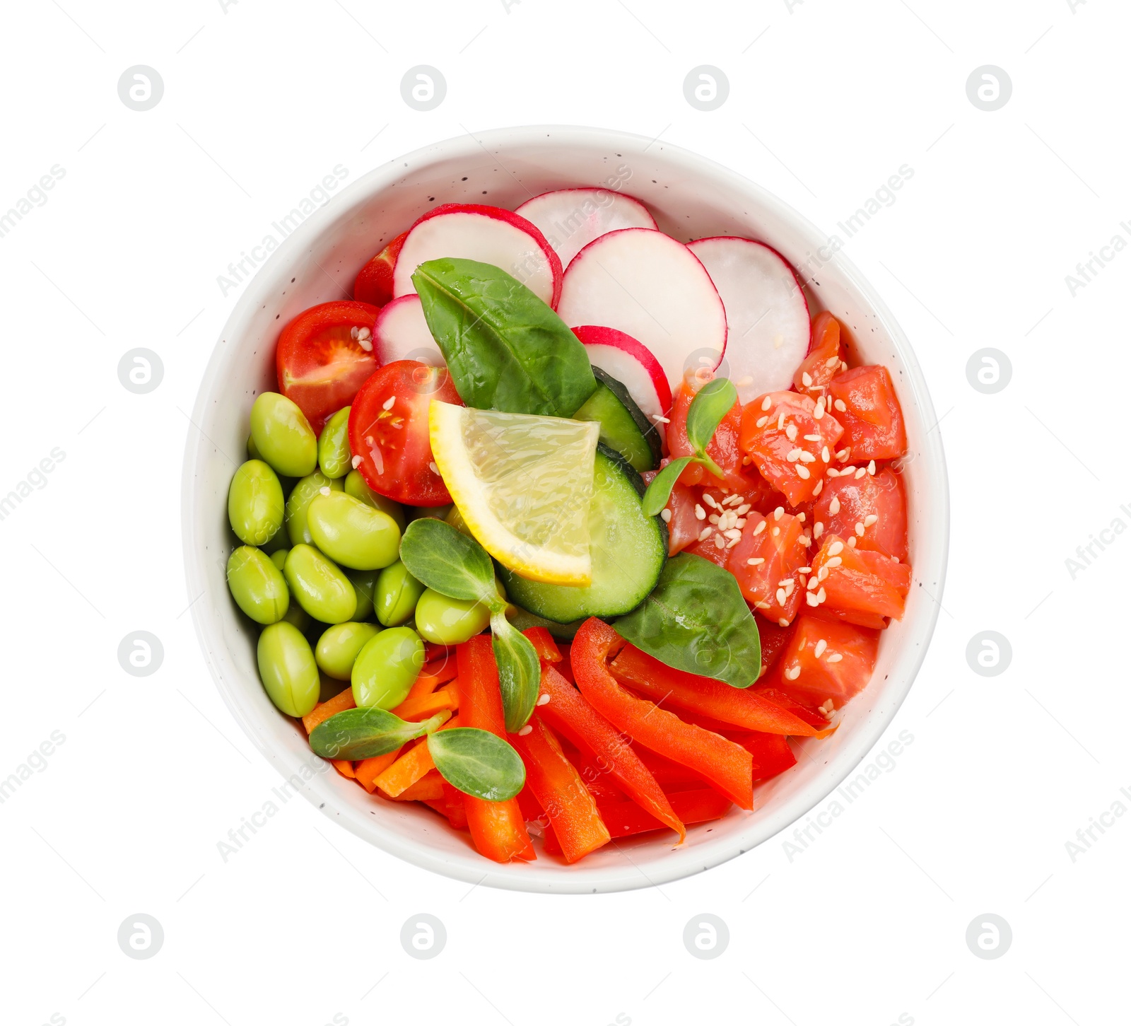 Photo of Poke bowl with salmon, edamame beans and vegetables isolated on white, top view