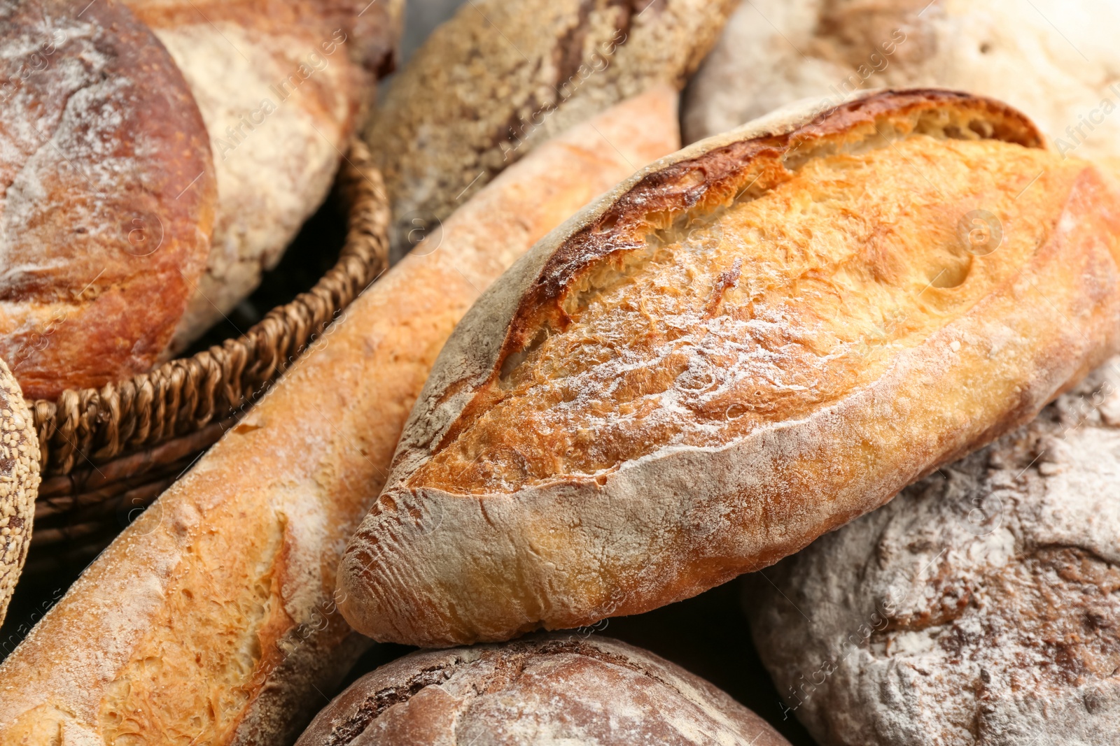 Photo of Different kinds of fresh bread as background, closeup