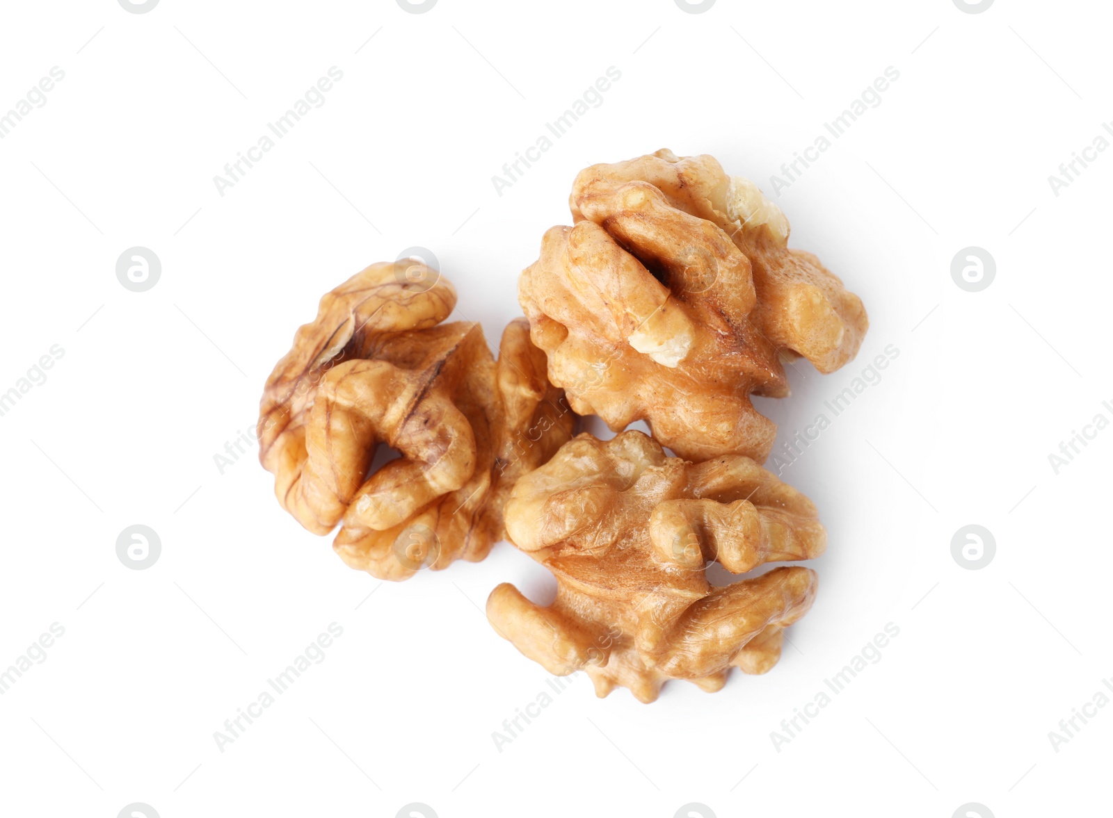 Photo of Tasty walnuts on white background, top view