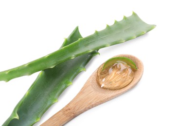 Spoon with aloe vera gel and green leaves isolated on white
