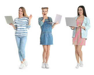 Image of Collage of women with laptops on white background