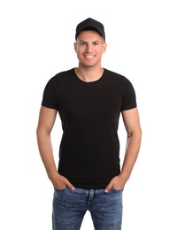 Photo of Happy man in black cap and tshirt on white background. Mockup for design
