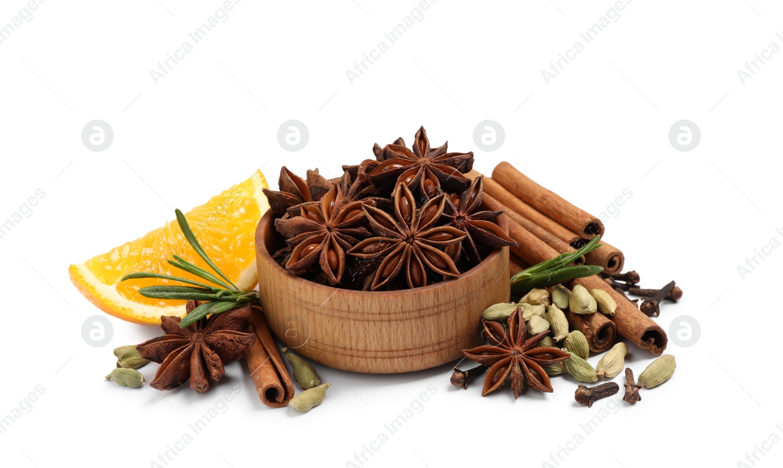 Photo of Composition with ingredients for mulled wine on white background