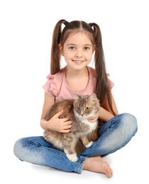 Photo of Cute little girl with cat on white background