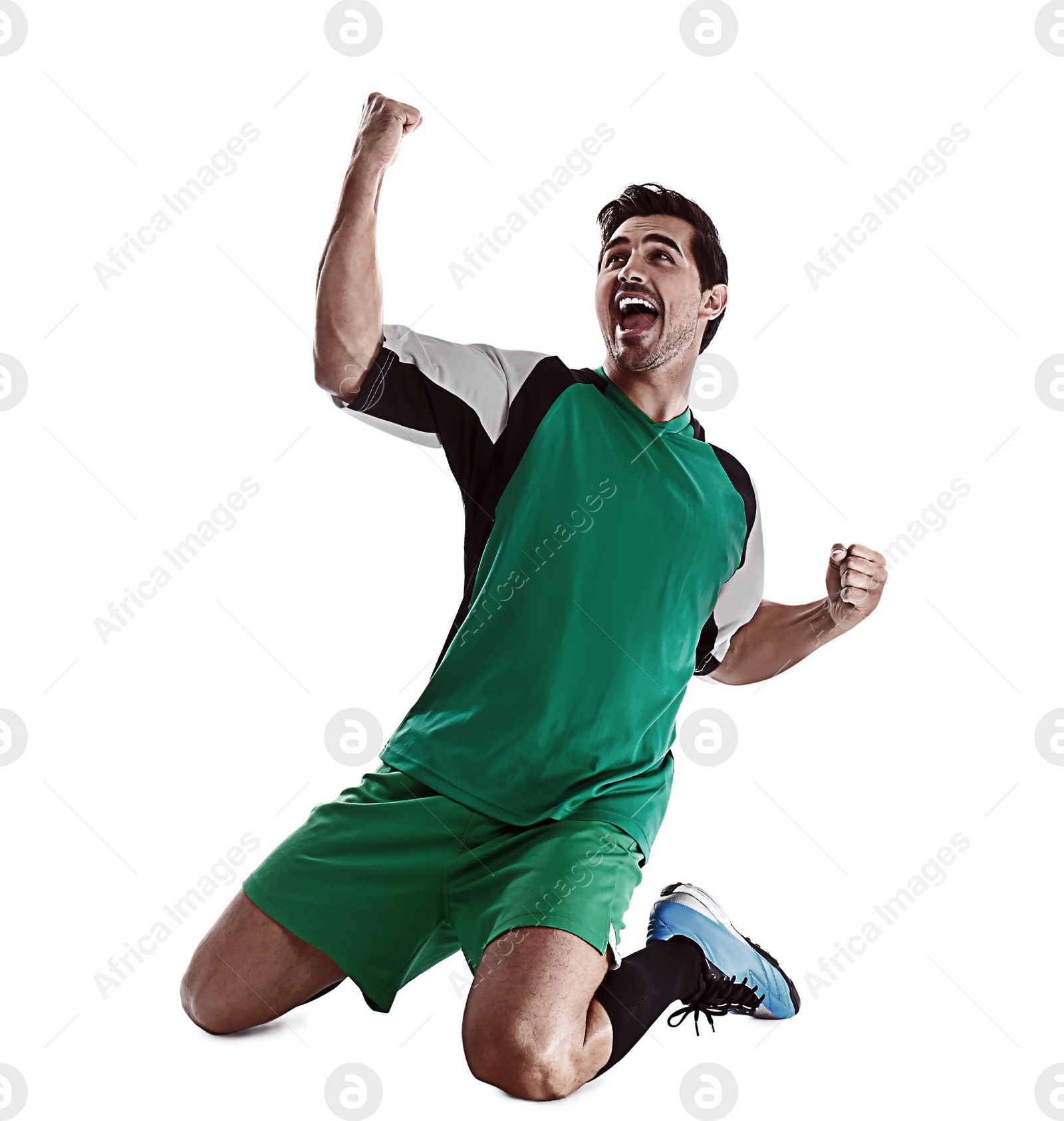 Image of Young emotional football player on white background