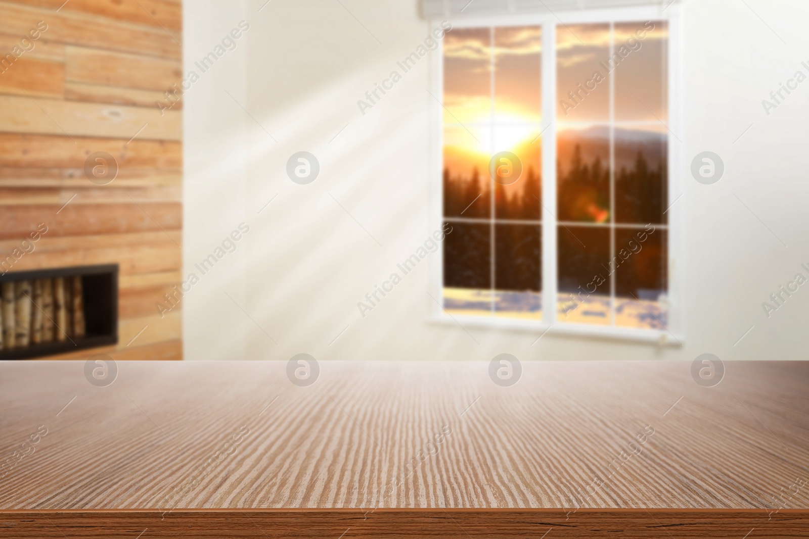 Image of Empty wooden table in stylish room interior 