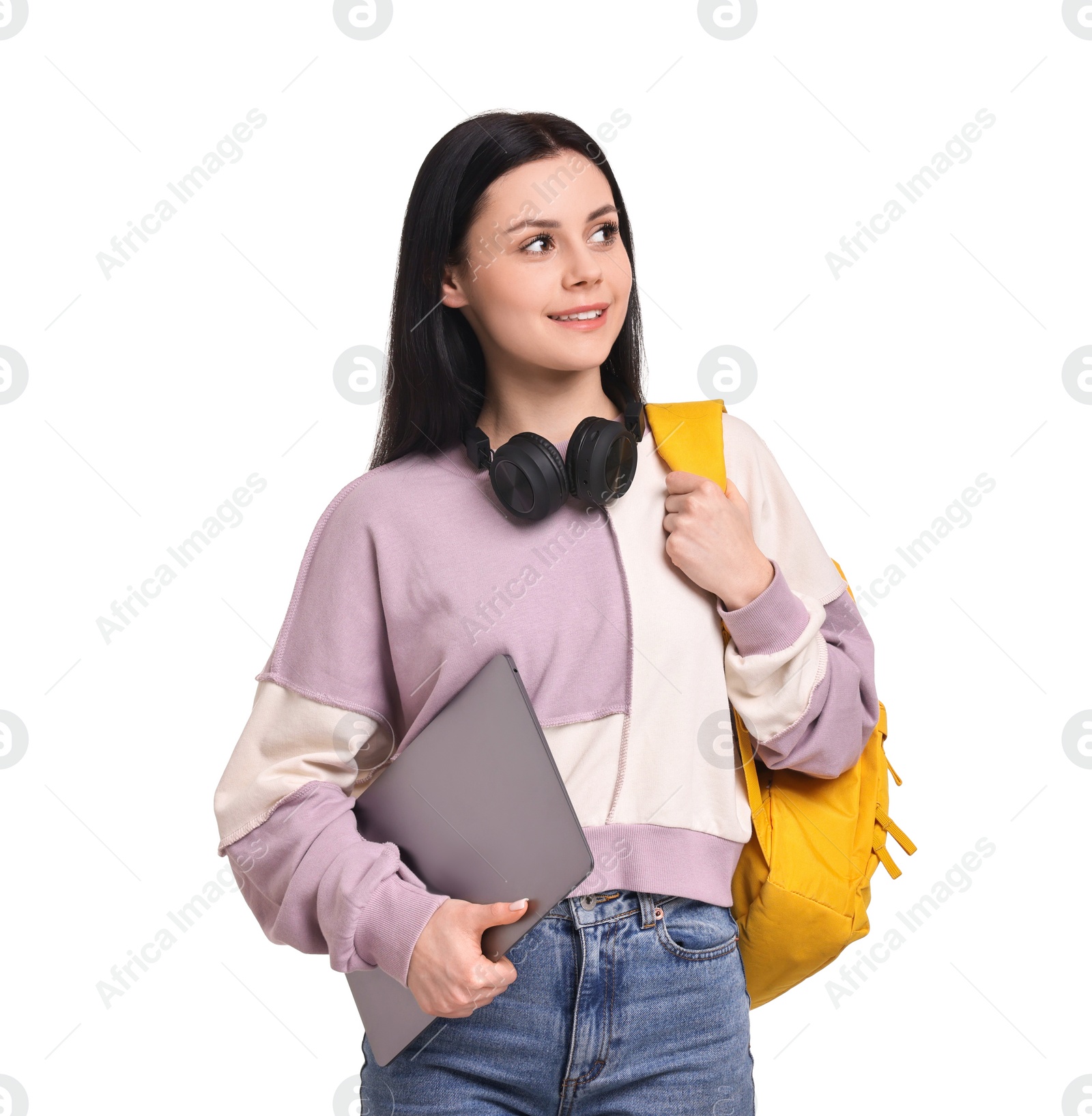 Photo of Smiling student with laptop on white background