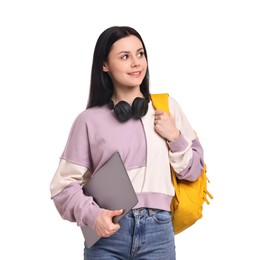 Smiling student with laptop on white background