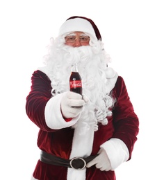 MYKOLAIV, UKRAINE - JANUARY 18, 2021: Santa Claus holding Coca-Cola bottle on white background