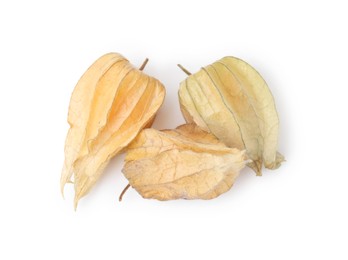 Photo of Ripe physalis fruits with calyxes isolated on white, top view