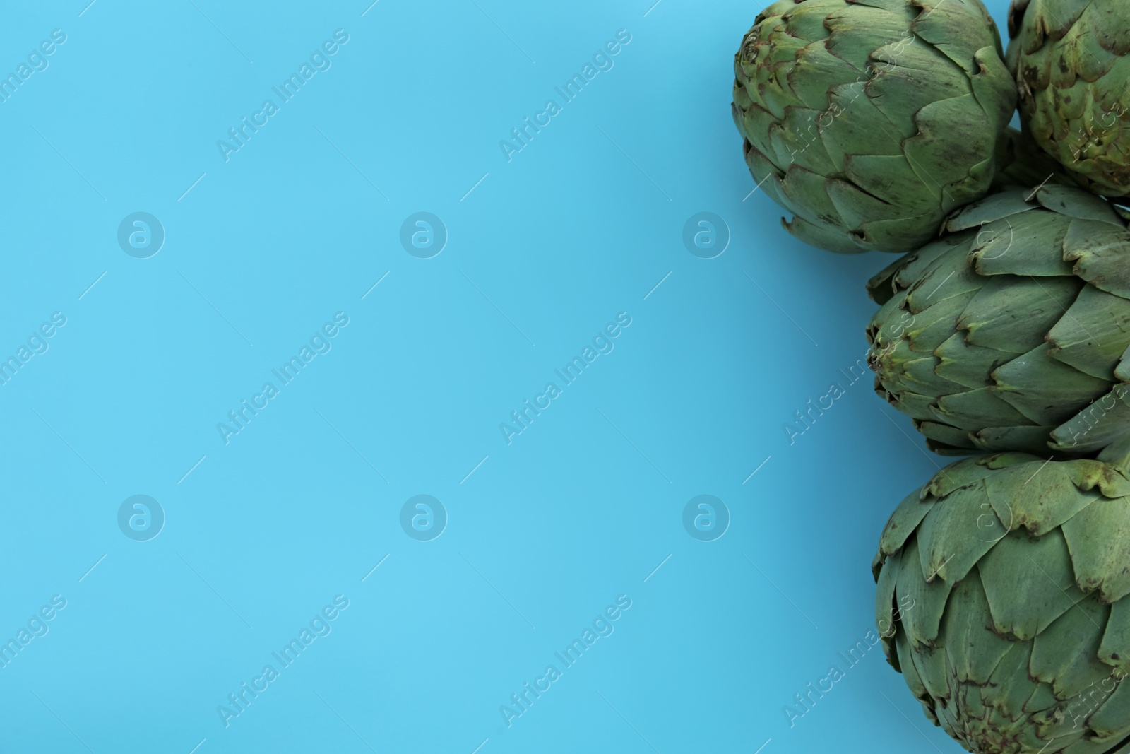 Photo of Whole fresh raw artichokes on light blue background, flat lay. Space for text