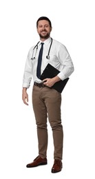 Portrait of happy doctor with stethoscope and clipboard on white background