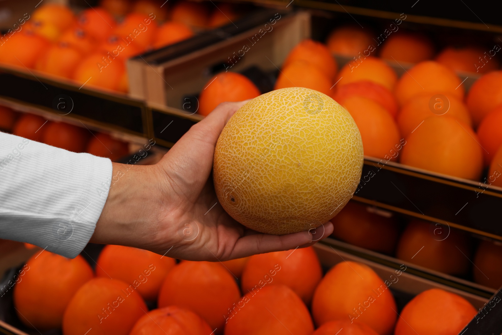 Photo of Woman holding melon near fruit counter at market, closeup