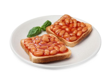 Photo of Delicious bread slices with baked beans on white background