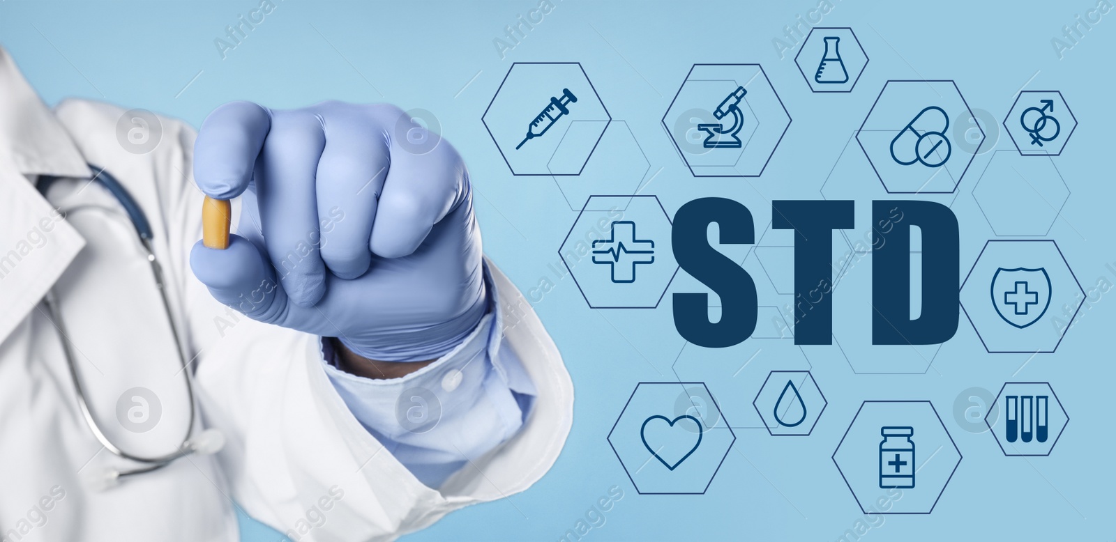 Image of STD prevention. Closeup view of doctor with suppository , abbreviation and different icons on light blue background, banner design