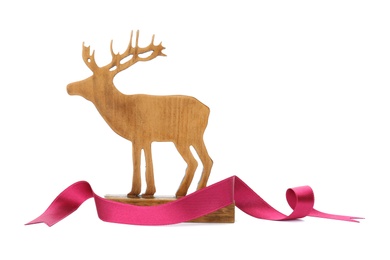 Photo of Decorative wooden deer with ribbon on white background