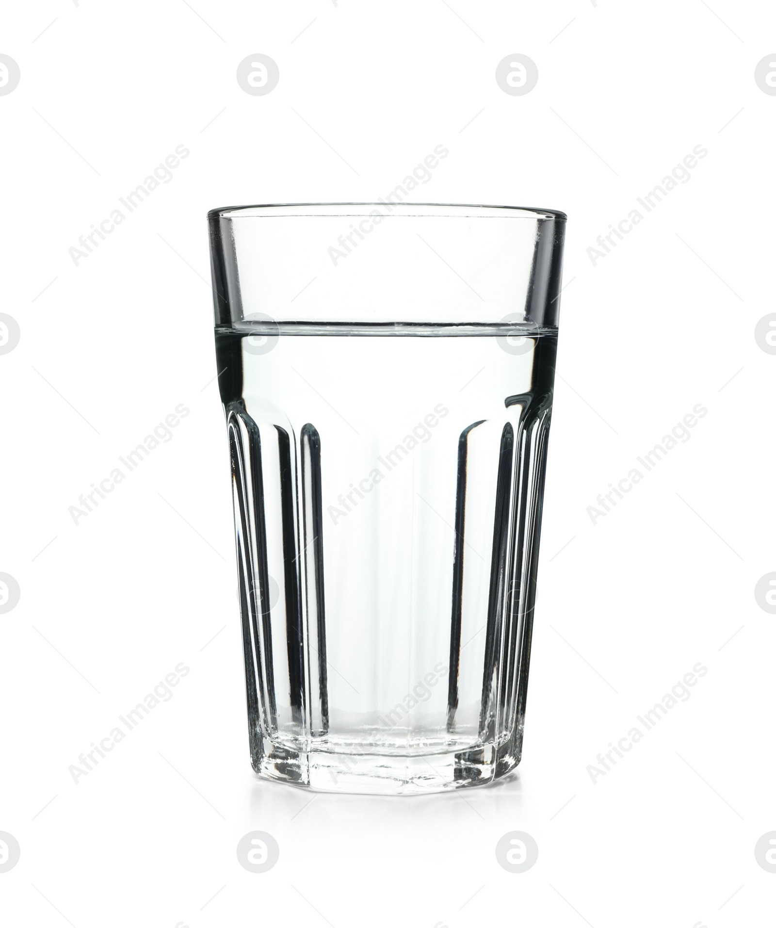 Photo of Glass of cold clear water on white background. Refreshing drink