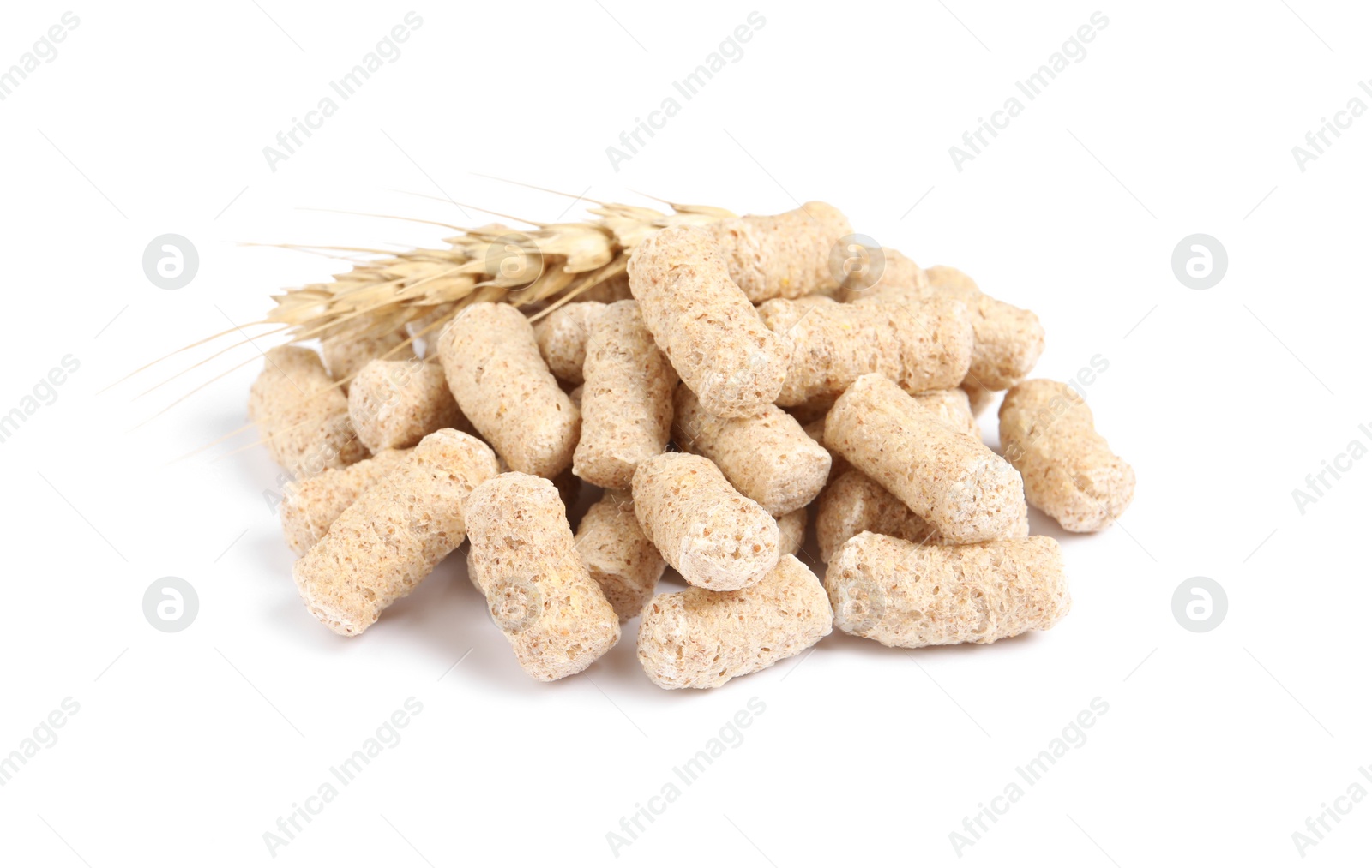 Photo of Pile of granulated wheat bran and spikelet on white background