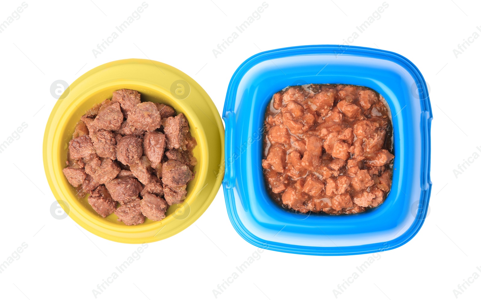 Photo of Wet pet food in feeding bowls isolated on white, top view