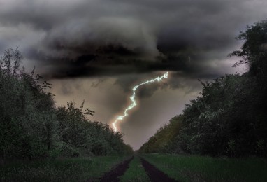 Image of Dark cloudy sky with lightning striking trees. Thunderstorm