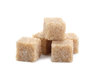 Photo of Many brown sugar cubes isolated on white