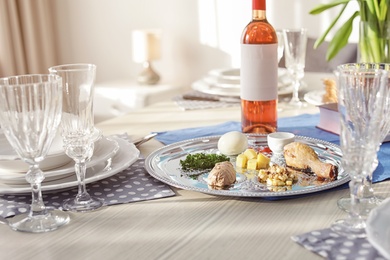 Table served for Passover (Pesach) Seder indoors