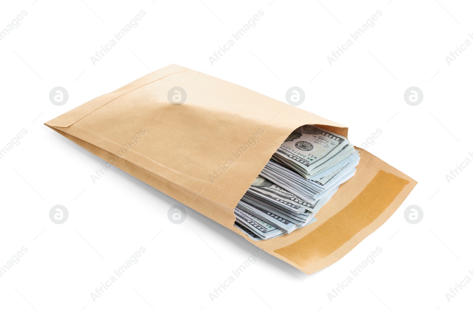 Photo of Envelope with dollar bills isolated on white. Bribe concept