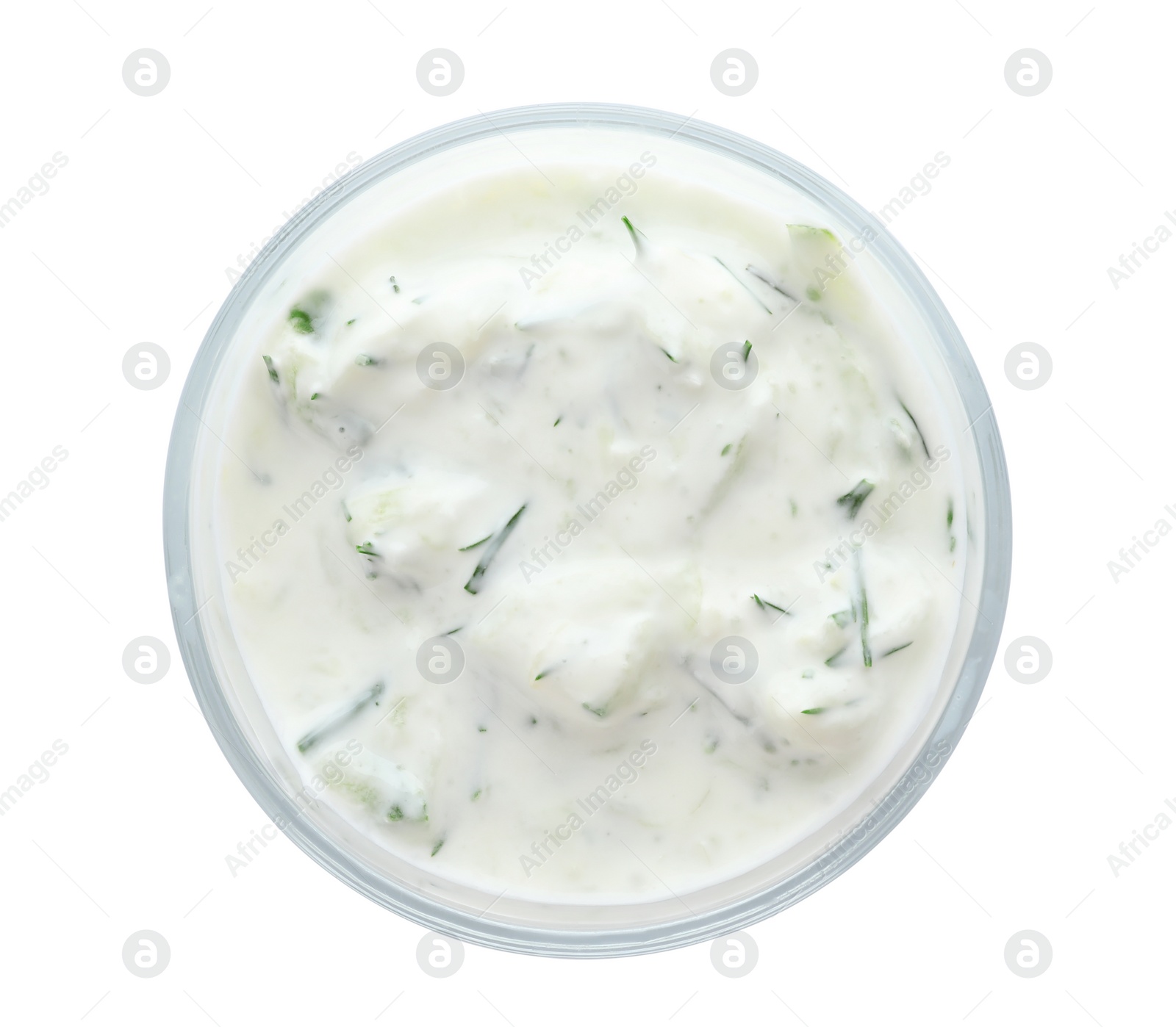 Photo of Bowl with cucumber sauce on white background, top view