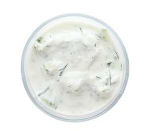 Photo of Bowl with cucumber sauce on white background, top view