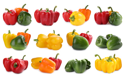 Image of Set of different ripe bell peppers on white background