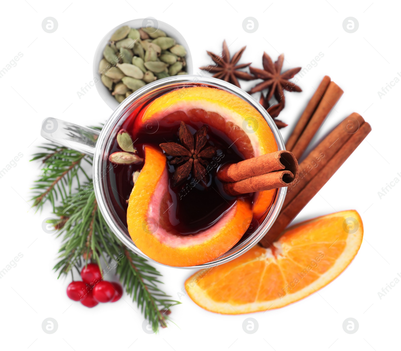 Photo of Aromatic mulled wine and ingredients on white background, top view