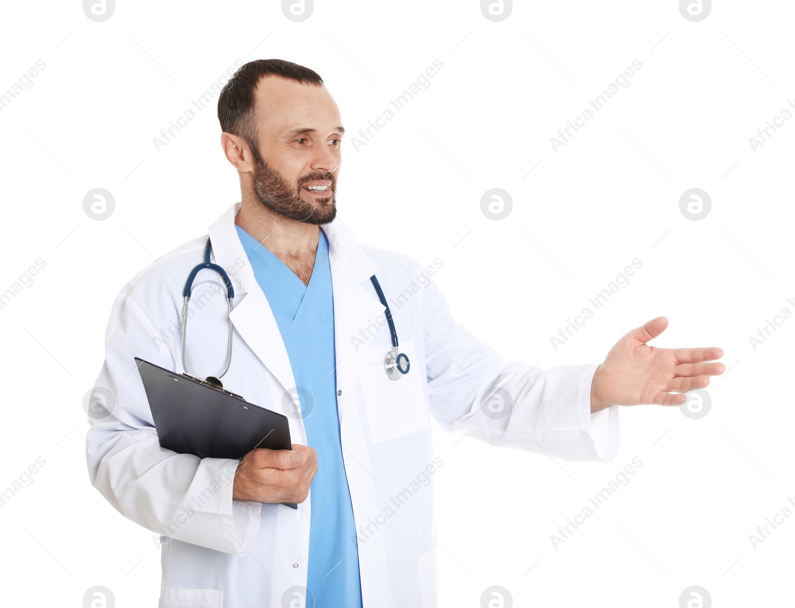 Photo of Portrait of male doctor with clipboard isolated on white. Medical staff