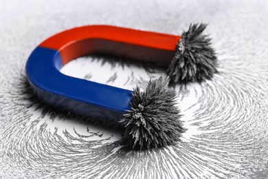 Red and blue horseshoe magnet with iron filings on white background