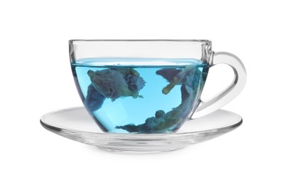 Glass cup of organic blue Anchan on white background. Herbal tea