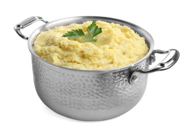 Photo of Pot of tasty mashed potatoes with parsley isolated on white