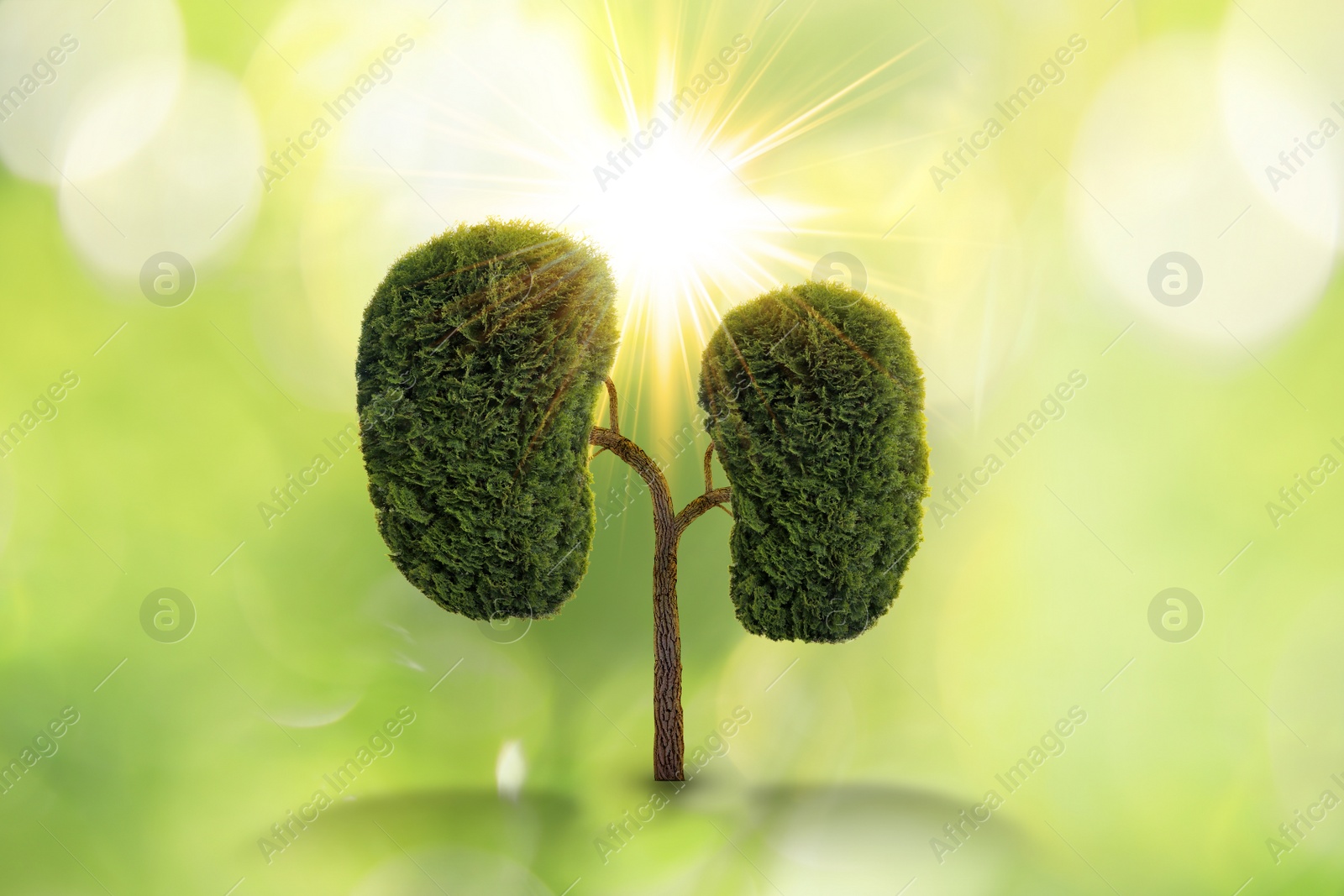 Image of Human kidneys model made of trees with green leaves against blurred background. Health care concept