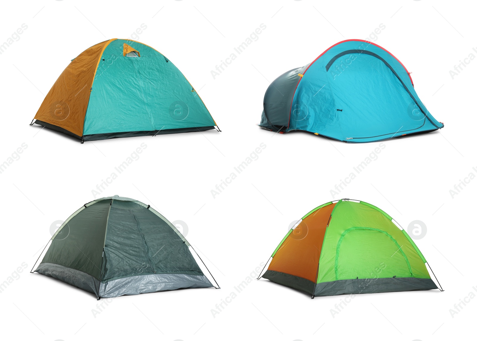 Image of Set with different bright camping tents on white background