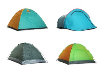 Image of Set with different bright camping tents on white background