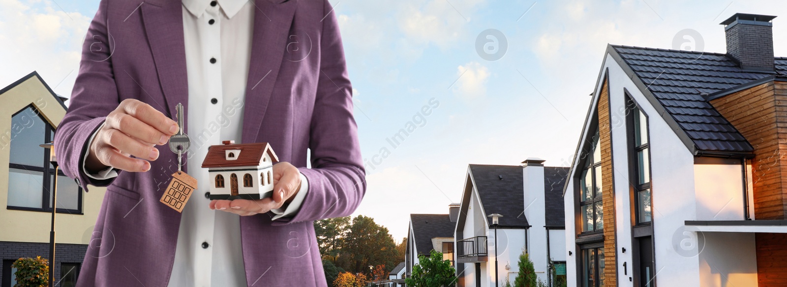 Image of Real estate agent with model against modern houses, space for text. Banner design, closeup 