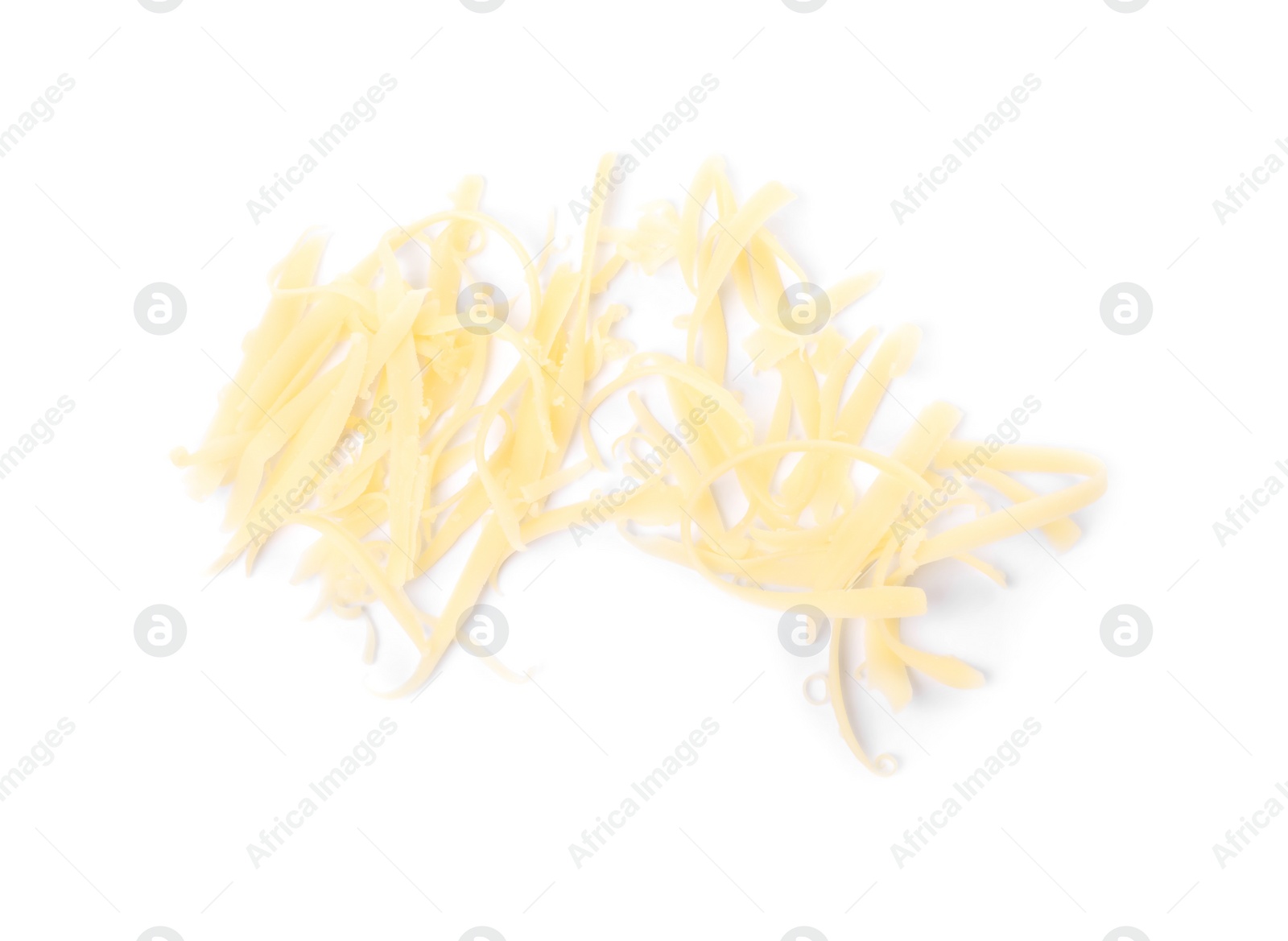 Photo of Tasty grated cheese isolated on white, top view