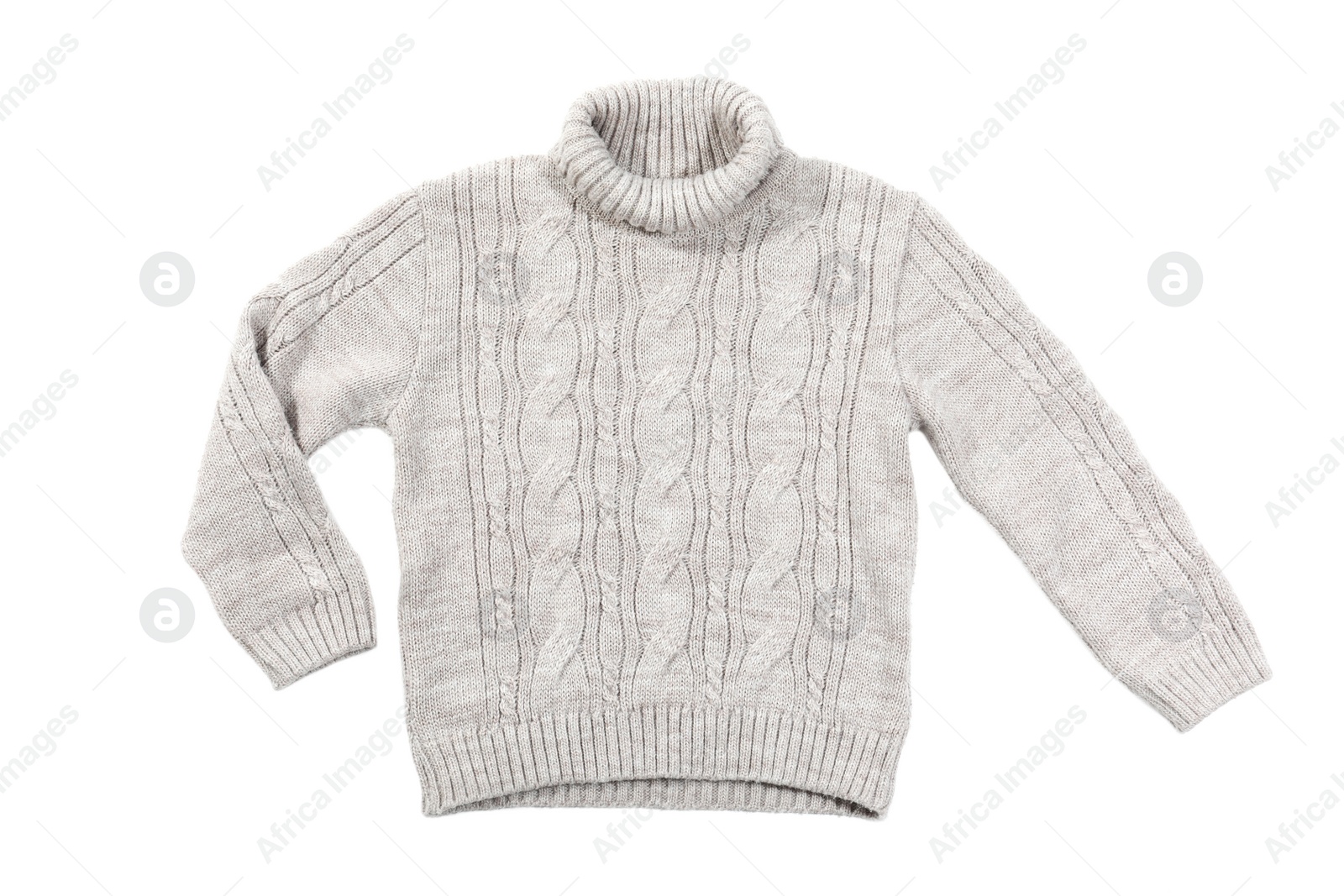 Photo of Cozy warm sweater on white background, top view