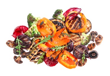 Photo of Different delicious grilled vegetables isolated on white, top view