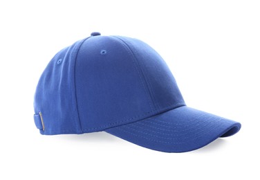 Photo of Stylish blue baseball cap isolated on white