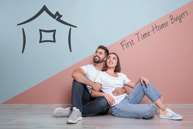 Image of Home buyers. Young couple dreaming about their first house. Illustration of accommodation
