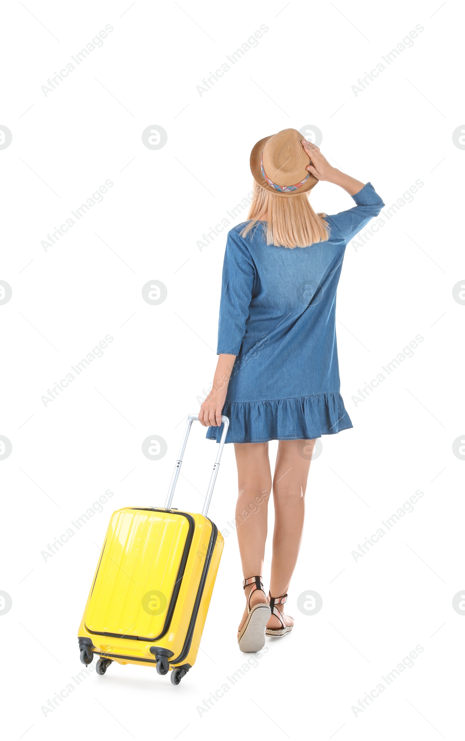 Photo of Woman with suitcase on white background. Vacation travel