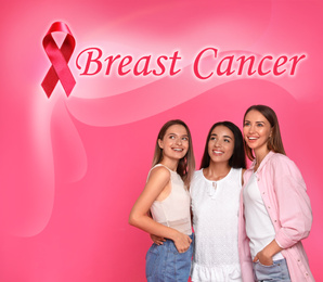 Image of Breast cancer awareness. Group of women on pink background