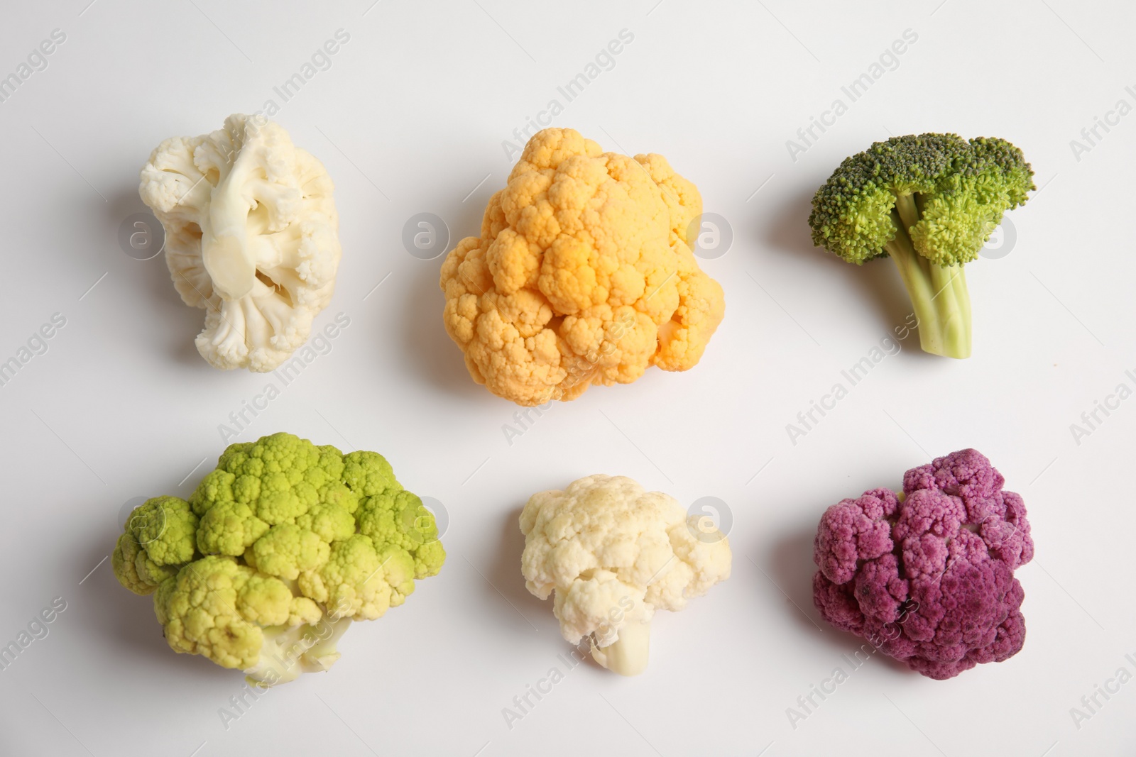 Photo of Different fresh cabbages on white background. Healthy food